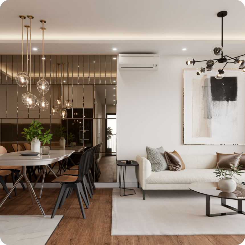 Modern living and dining area with wooden floors, a beige sofa, glass globe pendant lights, mirrored wall panels, and a minimalist decor style.