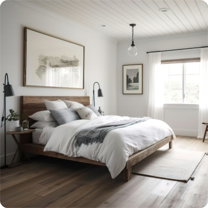 A modern bedroom with a wooden bed frame, white bedding, minimalist decor, large window with sheer curtains, wood flooring, and two wall-mounted lamps.